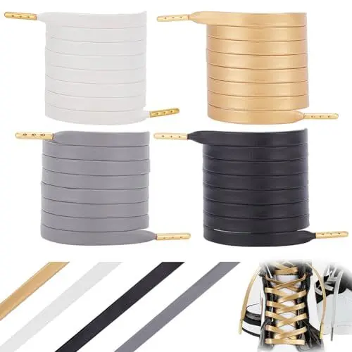 Produktbild: AHANDMAKER 4 Paar Kunstleder-Schnürsenkel, Gemischte Farben, Schnürsenkel Mit Goldenen Spitzen, Schuhschnüre Für Sneakers, Stiefel, Lederschuhe, Gold, Schwarz, Grau, Schwarz