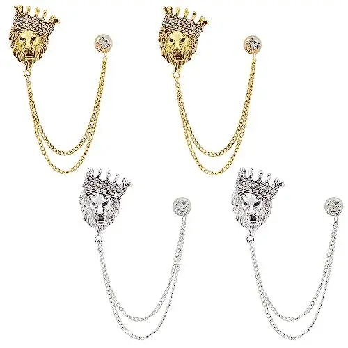 Produktbild: AHANDMAKER 4 Stück Löwenbrosche Mit Kronen-Strasssteinen, Modische Herren-Brosche, Anstecknadeln Für Anzüge, Herren-Accessoires, Schmuck, Goldene Kristall-Hängekette, Hochzeit
