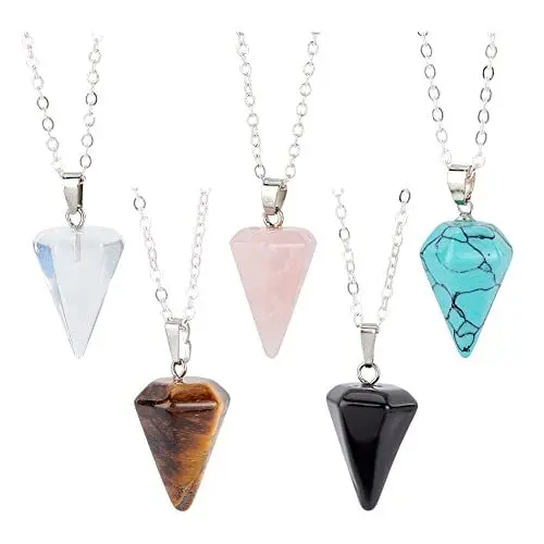 Produktbild: AHANDMAKER 5 Stück Kristallpendel, Wicca-Spitzen-Edelstein-Kristall-Chakra-Halskette für Wahrsagerei Wünschelrute, 6 faktische Opalit-Obsidian-Tigerauge-Rosenquarz-Kegel-Steine-Anhänger für Geschenk