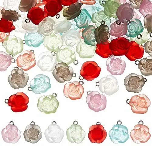 Produktbild: AHANDMAKER 70 Stück Gefrostete Rosenblumen-Charm-Anhänger, 7 Farben Harz Rose Blume Perlen Baumeln Anhänger Mit Schleifen Für DIY Armband Ohrring Halskette Schmuckherstellung