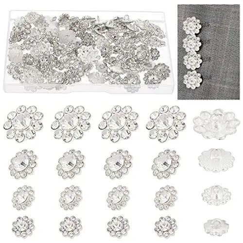 Produktbild: AHANDMAKER 80 Stück Blumen-Strass-Knöpfe, 4 Stil Kristallknöpfe Silber Ösenknöpfe Kleidung Dekorativer Knopf Mit Einem Loch Zum Nähen von Verzierungen DIY Handwerk Schmuck Hochzeitsdekoration