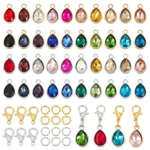 Produktbild: AHANDMAKER 80 Stück Kristall Geburtsstein Anhänger 40 Stile Tropfenförmige Kristall Anhänger Mit Karabinerverschluss Biegeringe Für Die Schmuckherstellung Armbandherstellung Und Halskettenherstellung.
