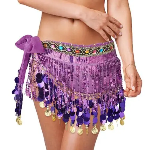 Produktbild: AHANDMAKER Bauchtanz-Hüfttuch Mit Quasten Und Pailletten, Lilafarbene Bauchtanzshorts Mit Quasten Für Damen, Münzen Wickelrock Münzschärpe Kostüm Polyester Fransen Hüftrock Pailletten Quastenrock