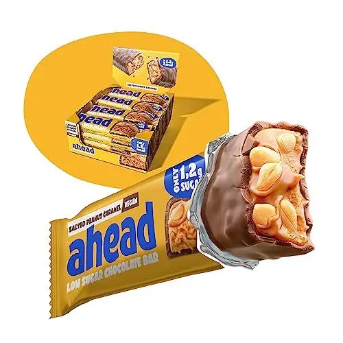 Produktbild: AHEAD Veganer Süßigkeiten Riegel – Salted Peanut Caramel – 16 x 35g – Keto Riegel mit zuckerfreier Schokolade – nur 5g Net Carbs pro Low Carb Süßigkeit - Verbesserte Rezeptur