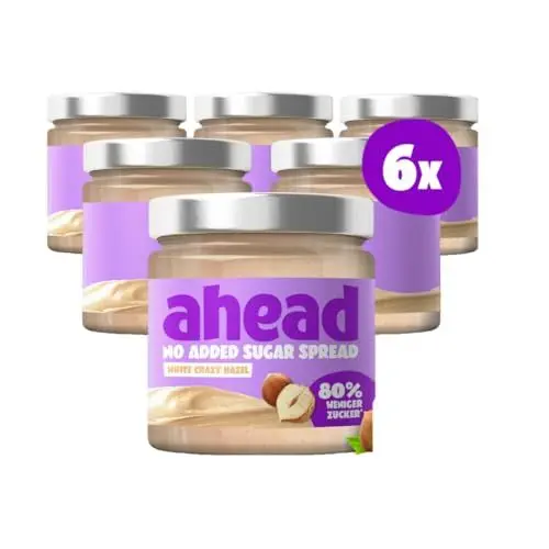 Produktbild: ahead WHITE CRAZY HAZEL | 6 x 200g Haselnusscreme ohne Zuckerzusatz | Super leckerer Schokoaufstrich mit 80% weniger Zucker* | Ohne Palmöl, glutenfrei & vegetarisch | Zuckerarmer Brotaufstrich