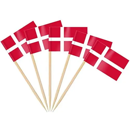 Produktbild: AhfuLife 100 Stück Dänemark Zahnstocher Flaggen, Dänische Deko Fahne Klein Mini Zahnstocher für 2025 Damen Fußball EM Eurovision WM Olympische Cupcake Topper Toothpick Cocktail Party Pub Deko