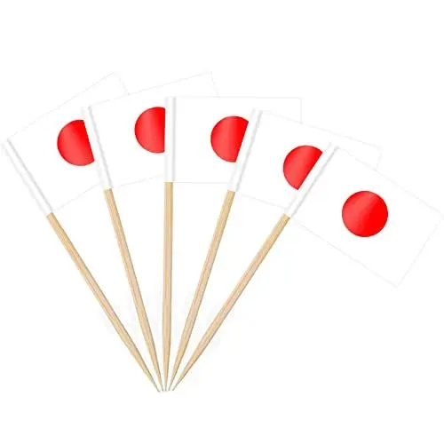 Produktbild: AhfuLife 100 Stück Janpan Zahnstocher Flaggen, Japanische Deko Fahne Klein Mini Zahnstocher Janpan Fähnchen für Sandwich Lebensmittel Cupcake Toppers Cocktail Obst Geschirr Party Supplies Pub Decor