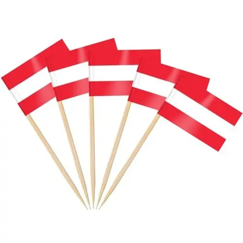 Produktbild: AhfuLife 100 Stück Österreich Zahnstocher Flaggen, Österreichische Deko Fahne Klein Mini Zahnstocher Österreich Fähnchen für EM Euro Eurovision WM Cupcake Topper Toothpick Cocktail Party Pub Deko