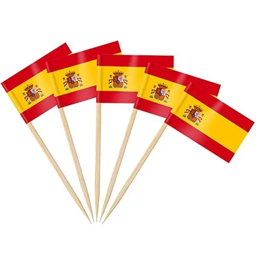 Produktbild: AhfuLife 100 Stück Spanien Zahnstocher Flaggen, Spanische Deko Fahne Klein Mini Zahnstocher für EM Euro Eurovision WM Olympische Cupcake Topper Toothpick Cocktail Partydeko Restaurant Pub Deko