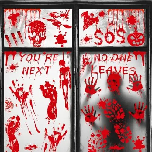 Produktbild: AhfuLife 108 Stück Horror Halloween Fensteraufkleber, 9 Blatt Gruselig Halloween Fenster Aufkleber Doppelseitige für Innen Scary Halloweenpartys Fensterdekorationen Spiegeln Accessoires (Bluthand)