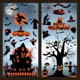 Produktbild: AhfuLife 114 Stück Halloween Fensteraufkleber, 9 Blatt Niedliche Cartoon Halloween Fenster Aufkleber Wiederverwendbar Doppelseitige für Kinder Halloweenpartys Fensterdekorationen Spiegeln (Schloss)