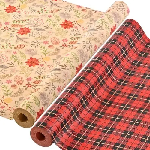 Produktbild: AhfuLife 2 Rollen Weihnachtsgeschenkpapier, 43cm x 15m Geschenkpapier Weihnachten Set, Nature Kraftpapier Weihnachtspapier Set für Xmas Weihnachten Papier Geburtstag Geschenk Verpackung