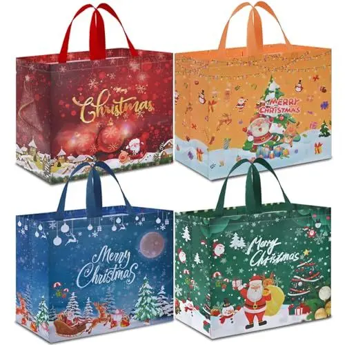 Produktbild: AhfuLife 4 Stück Geschenktüten Weihnachten Groß, 40 * 36 * 15CM, Non Woven Weihnachtstaschen Weihnachtstüten mit Griffen, Wiederverwendbare Weihnachtsgeschenktüten, Weihnachts Geschenktüten