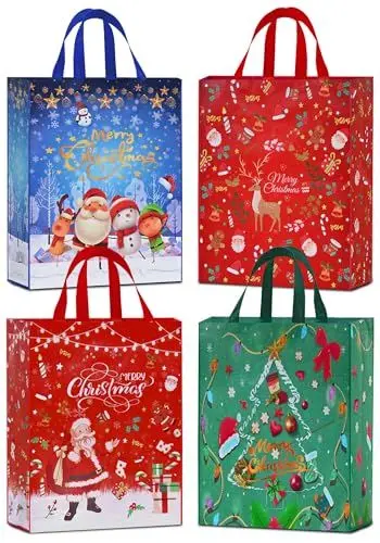 Produktbild: AhfuLife 4 Stück Geschenktüten Weihnachten Groß, 54x 41x 16cm, Non Woven Weihnachtstaschen Weihnachtstüten mit Griffen, Wiederverwendbare Weihnachtsgeschenktüten, Weihnachts Geschenktüten