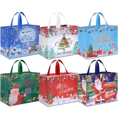 Produktbild: AhfuLife 6 Stück Geschenktüten Weihnachten Groß, 40 * 36 * 15CM, Non Woven Weihnachtstaschen Weihnachtstüten mit Griffen, Weihnachts Geschenktüten, Wiederverwendbare Weihnachtsgeschenktüten
