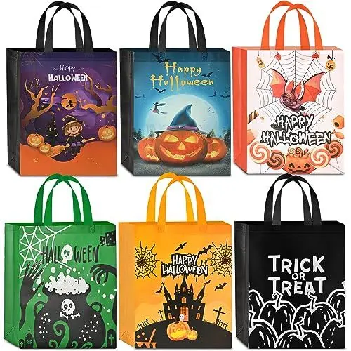 Produktbild: AhfuLife Halloween Geschenktüte Tasche Groß, 6 Stk Halloweensüßigkeit Süßes Taschen mit Griffen für Trick or Treat, Halloween Tüten Partyzubehör Eimer Deko Kinderparty