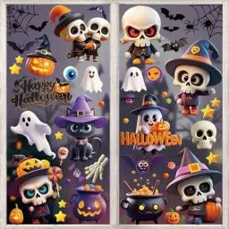 Produktbild: AhfuLife 95 Stück Halloween Fensteraufkleber, 9 Blatt Niedliche Cartoon Halloween Fenster Aufkleber Wiederverwendbar Doppelseitige für Kinder Halloweenpartys Fensterdekorationen Spiegeln (Skelett)