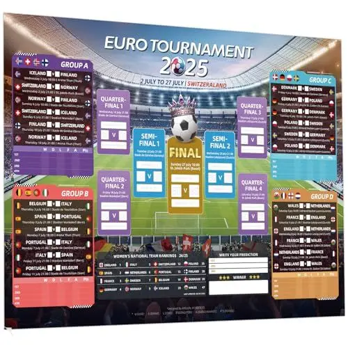 Produktbild: AhfuLife Damen EM Spielplan Poster für - A2 EM Fussball Planer - Enthält 16 Mannschaften Gruppen Knockout und Finale alle Ergebnisse der Spiele(Gefaltet-1 Stück, A2-60cm x 42cm)