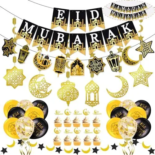 Produktbild: AhfuLife Eid Mubarak Banner Girlande Luftballons Dekoration Set, Vormontiert Eid Mubarak Ramadan Banner, 6 Islamic Stern Mond Girlande Spirale, 16 Luftballons, 10 Cake Topper für Ramadan Party Deko
