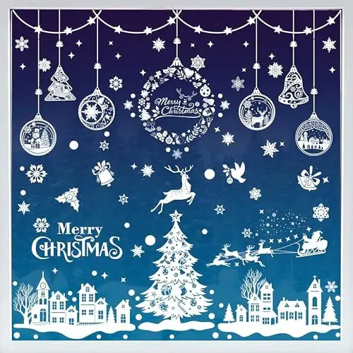 Produktbild: AhfuLife Fensterbilder Weihnachten, 244 Stück Fenstersticker Weihnachten Selbstklebend, Wiederverwendbar Doppelseitig Weihnachten Schneeflocken Rentier Fensterdeko für Xmas Party Weihnachtsdeko