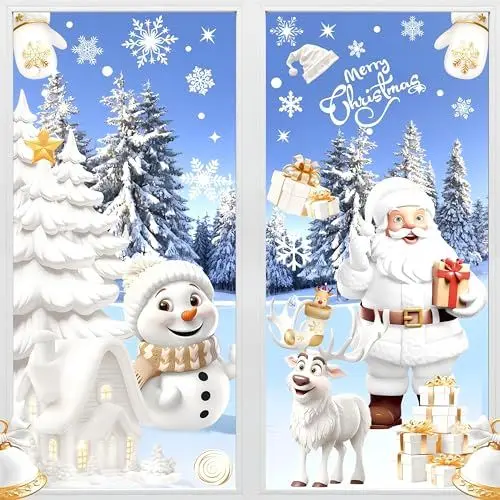 Produktbild: AhfuLife Fensterbilder Weihnachten, 190 Stück Fenstersticker Weihnachten Selbstklebend, Wiederverwendbar Doppelseitig Weihnachten Schneemann Santa Claus Fensterdeko für Xmas Party Weihnachtsdeko