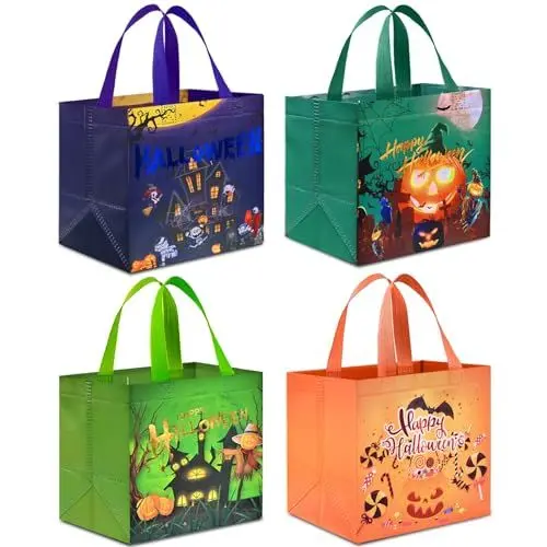 Produktbild: AhfuLife Halloween Geschenktüte Tasche, 4 Stk Süßigkeit Süßes mit Griffen für Trick or Treat, Partyzubehör Eimer Beutel, Non Woven Tüten Deko Kinderparty