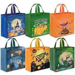 Produktbild: AhfuLife Halloween Geschenktüte Tasche, 6 Stk Halloween Süßigkeit Süßes Taschen mit Griffen für Trick or Treat, Halloween Tüten Partyzubehör Eimer Beutel, Halloween Non Woven Tüten Deko Kinderparty