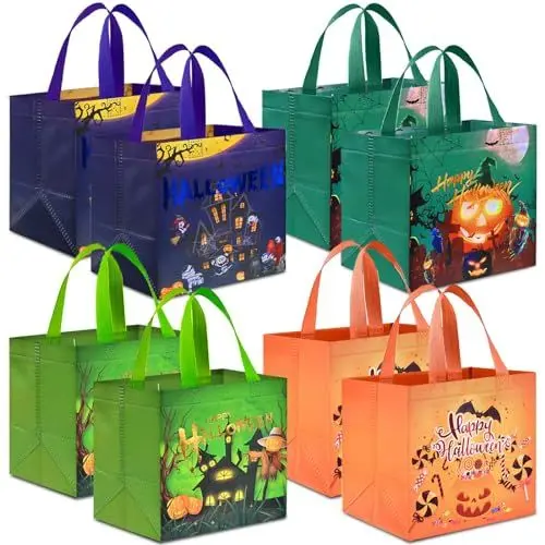 Produktbild: AhfuLife Halloween Geschenktüte Tasche, 8 Stk Halloween Süßigkeit Süßes Taschen mit Griffen für Trick or Treat, Halloween Tüten Partyzubehör Eimer Beutel, Halloween Non Woven Tüten Deko Kinderparty
