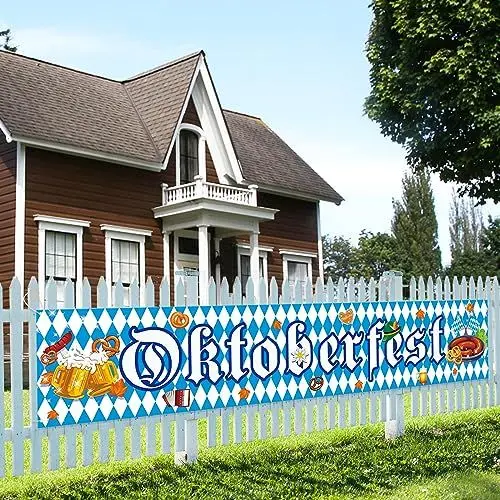 Produktbild: AhfuLife Oktoberfest Banner Deko, 300 × 60 cm Bayerische Oktoberfest Party Dekoration, Bayerisch Oktoberfest Deko Blau mit Weiße Girlande zum Aufhängen für Outdoor Bierzelten Garten (2 Stück)