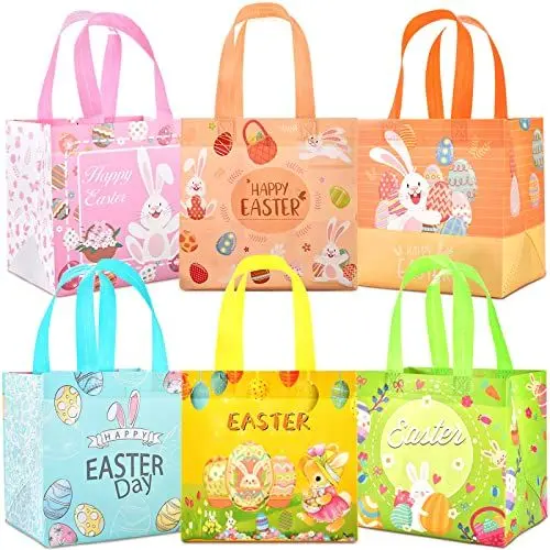 Produktbild: AhfuLife Ostern Tasche Geschenktüten Kinder, 6 Stück Ostereiersuche Taschen, Wiederverwendbare Ostern Geschenke Ostertüten mit Griffen für Kinder Geschenk Eiersuche Verpacken Partyzubehör Osterndeko