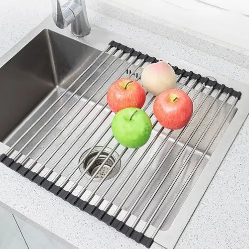 Produktbild: Ahigh Abtropfgestell Geschirr, Spülbecken Organizer - Faltbare und Abnehmbare Edelstahl geschirrabtropfgestell, Abtropfmatte und Abtropffläche für Obst, Gemüse und Tassen - Schwarz (43 * 35)