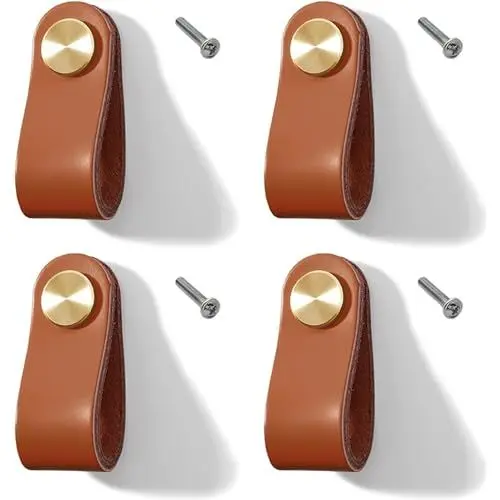 Produktbild: AhLmA 4 Stücke Lederschlaufe Schrankgriffe Leder Türknauf Schrank Schrank Knöpfe Geeignet für Büroschreibtische Sideboards Badezimmerschränke Nachttische Schminktische Schranktüren(6,6X2,5cm)