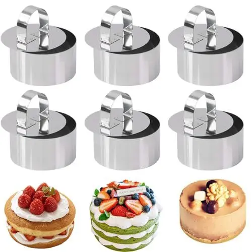Produktbild: AhLmA 6 Stück Dessertringe und Speiseringe, Edelstahl Runde Servierringe, Mousseringe,Anrichteringe, Backring, Tortenring Klein mit Heber, Stampfer und Mousse Schablonen für Kochen Backen Mousse
