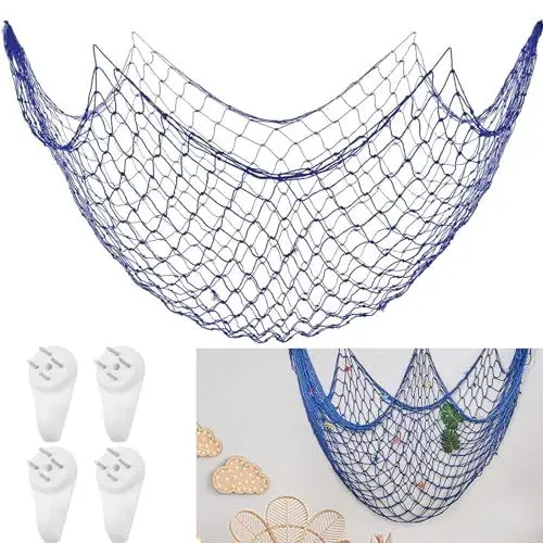 Produktbild: AhLmA Fischer Netz Decor Fotowand Deco Mesh Maritime Deko Wand Deko und 4 spurlose Nägel Geeignet für die von Hängenden Fotos Bildern Oder Souvenirs in Schlafzimmern und Büros(Königsblau)