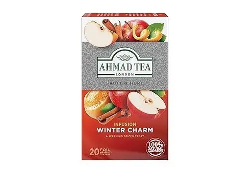 Produktbild: Ahmad Tea - Winter Charm - Früchte- und Kräutertee - Orange, Apfel, Zimt, Nelken, Hibiskus und Süßholz - Einzeln Verpackte, Aromaversiegelte Teebeutel mit 2g Tee pro Portion - 20 Teebeutel mit Band