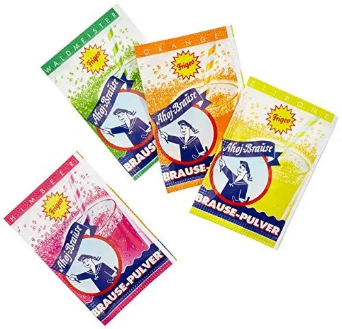 Produktbild: Ahoj-Brause -Pulver – prickelnde süß-saure in Pulverform, fruchtige zum Naschen oder zum Auflösen im Wasser, vegan, Vorrats-Box im großen 580 g Eimer, Himbeere, Orange, Zitrone oder Waldmeister