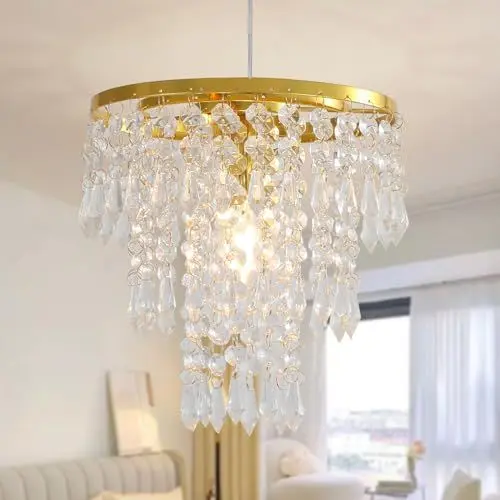 Produktbild: AHXIAOZN Moderne Kleine Kristall Kronleuchter,E26 Mini Kristall Kronleuchter,3-Stufen Kristall Regentropfen Pendelleuchte Dekoration Lichter für Eingang Flur,Treppe,Wohnzimmer(Gold,Höhenverstellbar)