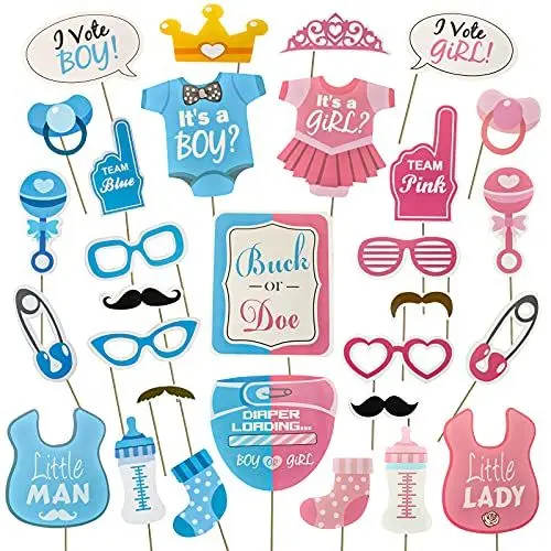 Produktbild: AIBAOBAO 30 Stück Babyparty Fotorequisiten, Baby Shower Fotoaccessoires, Masken, Neugeborene Foto Stützen, Photo Booth Props, Jungen Mädchen Geschlecht offenbaren Photo Booth Requisiten DIY Kit