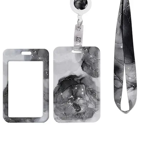 Produktbild: AIBAOBAO Ausweishülle mit Band, Ausziehbarer Schlüsselband Badge Holder, Abnehmbare Hals Lanyard Strap, Kartenhülle ID-Halter für Lehrer, Krankenschwester, Doktor, Student (Marble Schwarz)