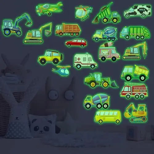 Produktbild: AIBAOBAO Baufahrzeug Wandtattoo Leuchtend Wandaufkleber Transporte Fahrzeuge Wandsticker Selbstklebend Wandsticker Konstruktion Bagger Leuchtsticker für Junge Kinderzimmer Deko Grün