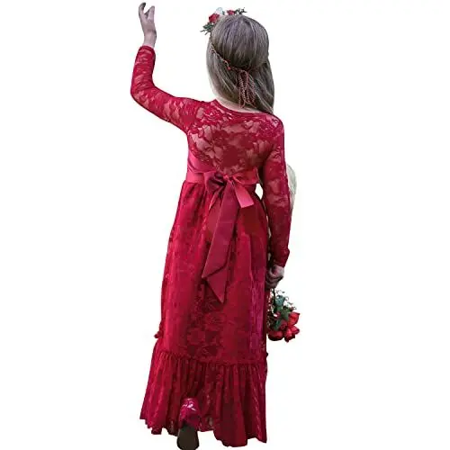 Produktbild: Aibaowedding Kinder Boho Spitzenkleid Prinzessinnenkleid mit Binde Gürtel Mädchen Chic A-Linie Lang Blumenmädchenkleider Brautjungfernkleid (Weinrot,4)