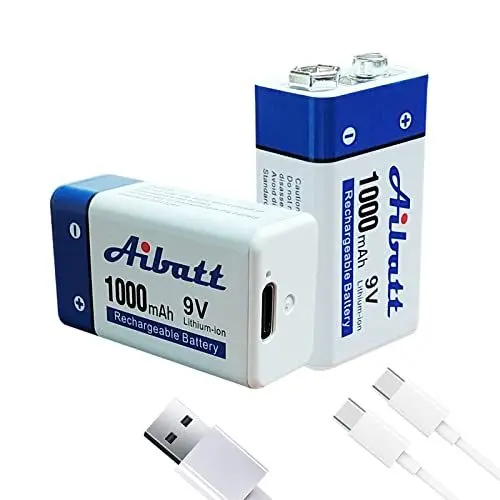 Produktbild: Aibatt 9V Block Akku 1000mAh,mit Ladeanschluss Typ C,Li-ion 6F22 Wiederaufladbare Batterie für Mikrofon,Rauchmelder,elektronisches Spielzeug,Walkie-Talkie,Rauchmelder,9V Blockbatterien(2 Stück)