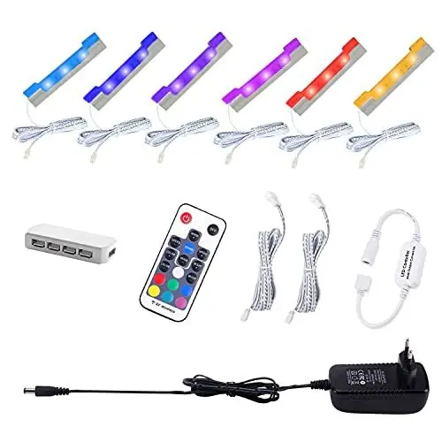 Produktbild: AIBOO LED Glasbodenbeleuchtung 6er Set, LED Clips RGB Farbwechsel LED Vitrinenbeleuchtung, LED Schrankbeleuchtung mit Fernbedienung