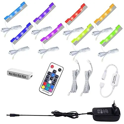 Produktbild: AIBOO LED Glasbodenbeleuchtung Farbig 8er Set,Clips Glaskantenbeleuchtung RGB Farbwechsel LED Vitrinenbeleuchtung,LED Schrankbeleuchtung Vitrine mit Fernbedienung