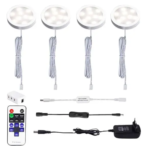 Produktbild: AIBOO LED Schrankleuchten 4er Komplettset, LED Unterbauleuchten mit Fernbedienung, Küchenlampen Vitrinenbeleuchtung Natürliches Weiß 4000K, LED Unterbauleuchte Set Inklusiv alle Zubehör