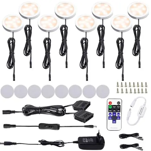 Produktbild: AIBOO LED Schrankleuchten 8er Komplettset, Unter Kabinett Beleuchtung mit Fernbedienung, Küchenlampen Vitrinenbeleuchtung Warmweiß 2700K, LED Unterbauleuchte Set Inklusiv alle Zubehör