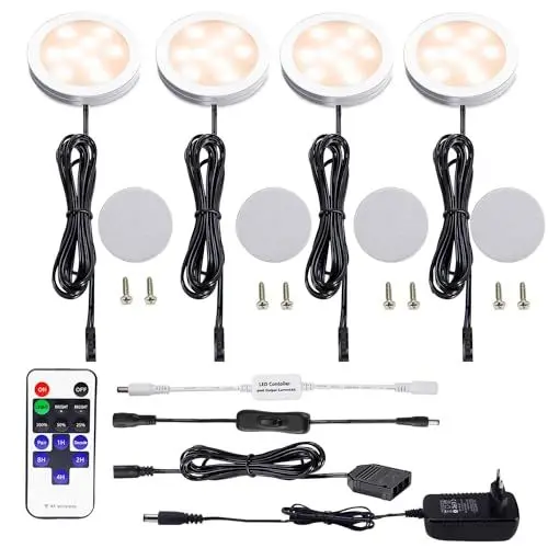 Produktbild: AIBOO Unterbauleuchte LED 230V Schrankbeleuchtung 4 Stück Mit Fernbedienung Dimmbar, 12V Küche LED Mit Kabel für Kabinett Schränke Kleiderschrank 8W Warm Weiß