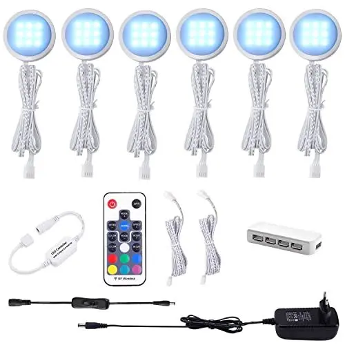 Produktbild: AIBOO RGB LED Schrankbeleuchtung 6er Set, 12V LED Unterbauleuchte Farbwechsel mit Fernbedienung, Dimmbar RGB Vitrinenbeleuchtung LED für die Beleuchtung von Küchenschränken