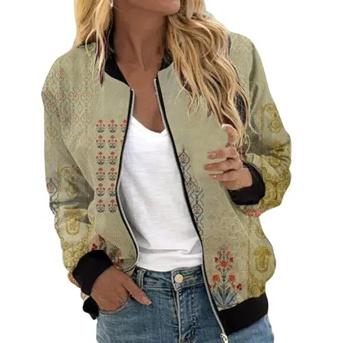 Produktbild: AIchenYW 2024 Bomberjacke Damen Blumenmuster Übergangsjacke Leichte Blouson Pilotenjacke Kurz Lässiger Übergangsjacke Dünne Sweatjacke Leichte Übergangsjacke Langarm Fliegerjacke (Khaki, S)