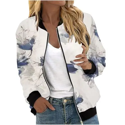 Produktbild: AIchenYW Bomberjacke Damen College Jacke mit Reißverschluss Leichte Blouson Pilotenjacke Kurz Bequem Blouson Casual Elegant Bikerjacke Leicht Bomberjacke Reißverschluss Sportjacke (White, S)